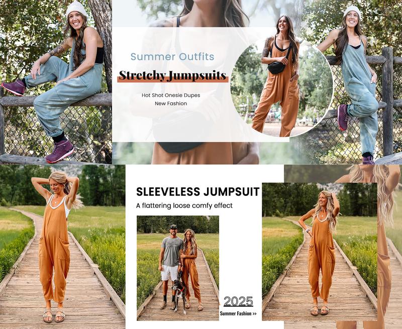 Kingapril Women's Causal Jumpsuits V Neck Sleeveless Harem Overalls Stretchy Adjustable Strap Romper with Pockets in Various Colors