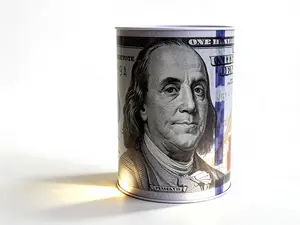 $100 Dollar Bill Piggy Bank 5 7/8" Tall Metal Coin Saving Jar with Benjamin Franklin Design for Store Office Living Room Decor