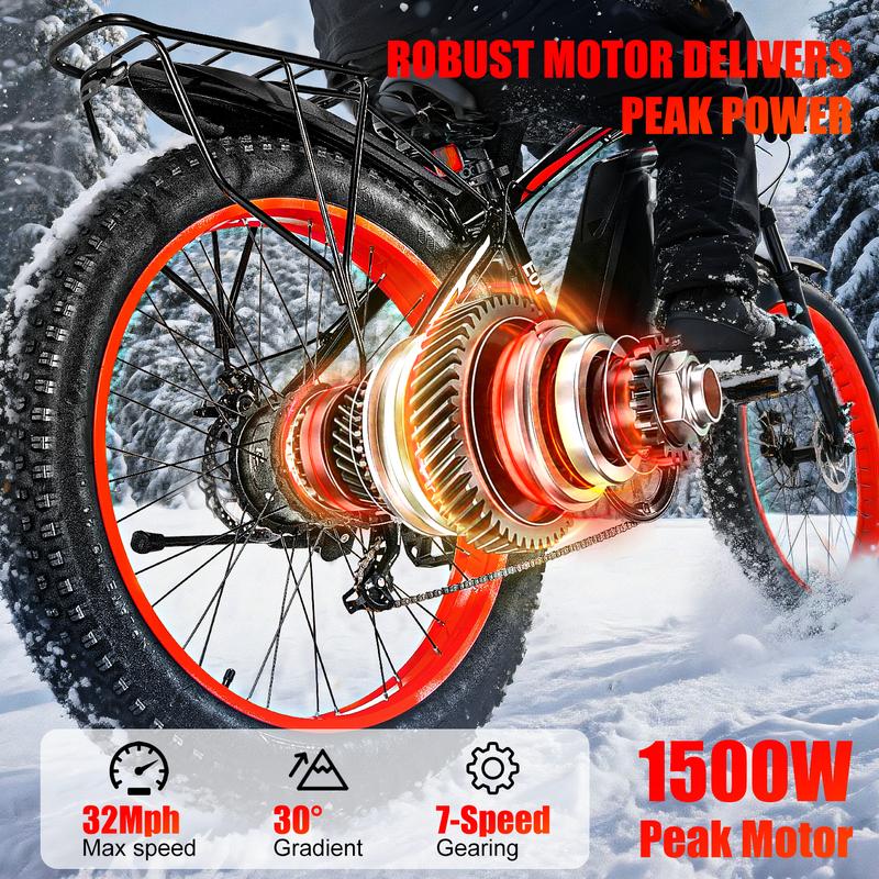 EOEOTWO 1500W Peak Motor Electric Bicycle with Front Suspension 48V 15AH Battery 26"x 4.0 Inch Tires 30+ MPH Speed 70 Miles Range for Snow Mountain Road Riding