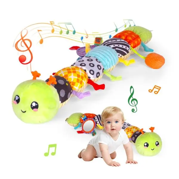 Baby Musical Plush Caterpillar Toy – Tummy Time Sensory Toy for Infants 0-12 Months, Soft Rattle Crinkle Toy with Mirror, Early Learning Baby Toy for Boys & Girls