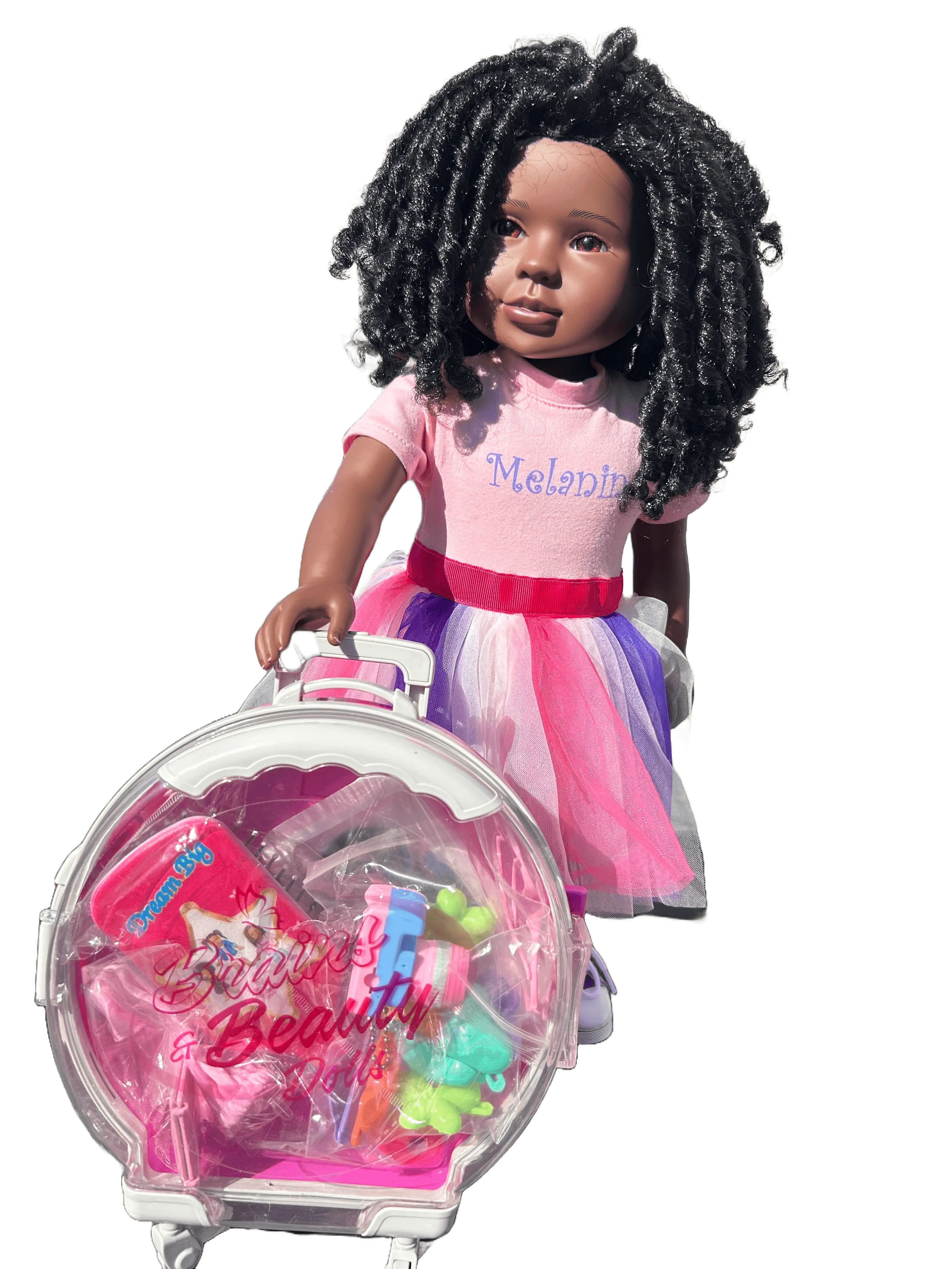 Brains and Beauty Travel Theme Unisex 18-in Doll Accessories - Nia's Easy-to-Roll Suitcase with Mini Laptop, 9 Barrettes, 10 Hair Ties & Detangling Paddle Brush Complete Set for Adventure-Filled Fun
