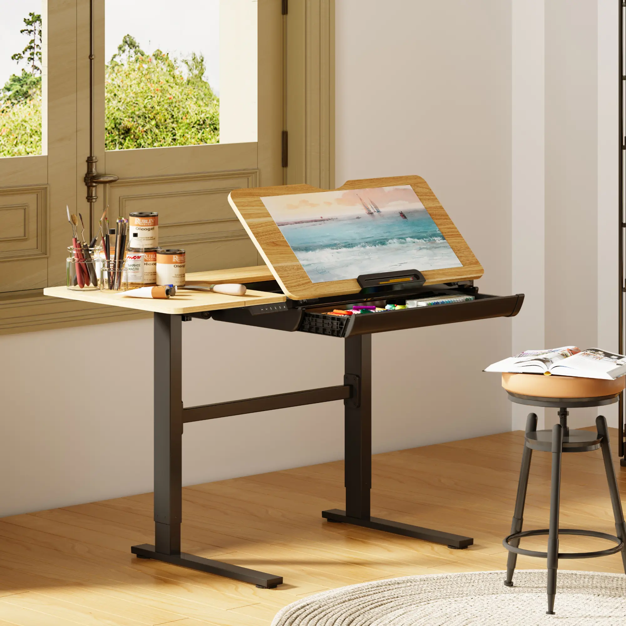 FLEXISPOT Electric Height Adjustable Drafting Table (48in x 24in) - Office Furniture with Tilting Top, Storage Drawer, Foldable Side Table, Easy Setup for Home Office, Studio