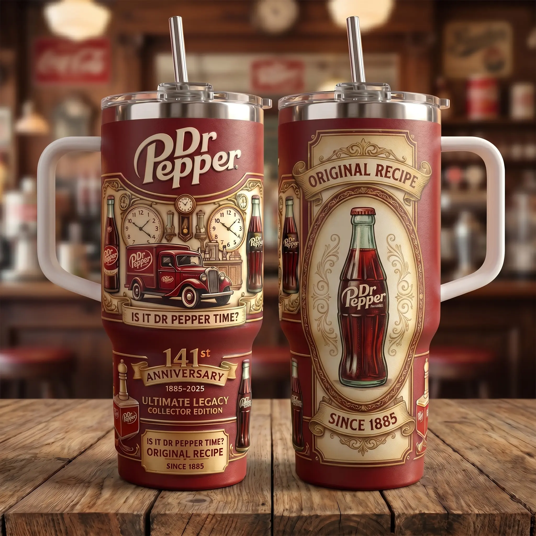 Dr Pepper 23 Flavors 141st Anniversary Limited Edition Tumbler With Handle Straw 40oz, 1885-2026 Vintage Steampunk Clock Gears Aesthetic Stainless Steel Insulated Travel Mug Cup, Perfect Retro Merch Gift For Dr Pepper Fans