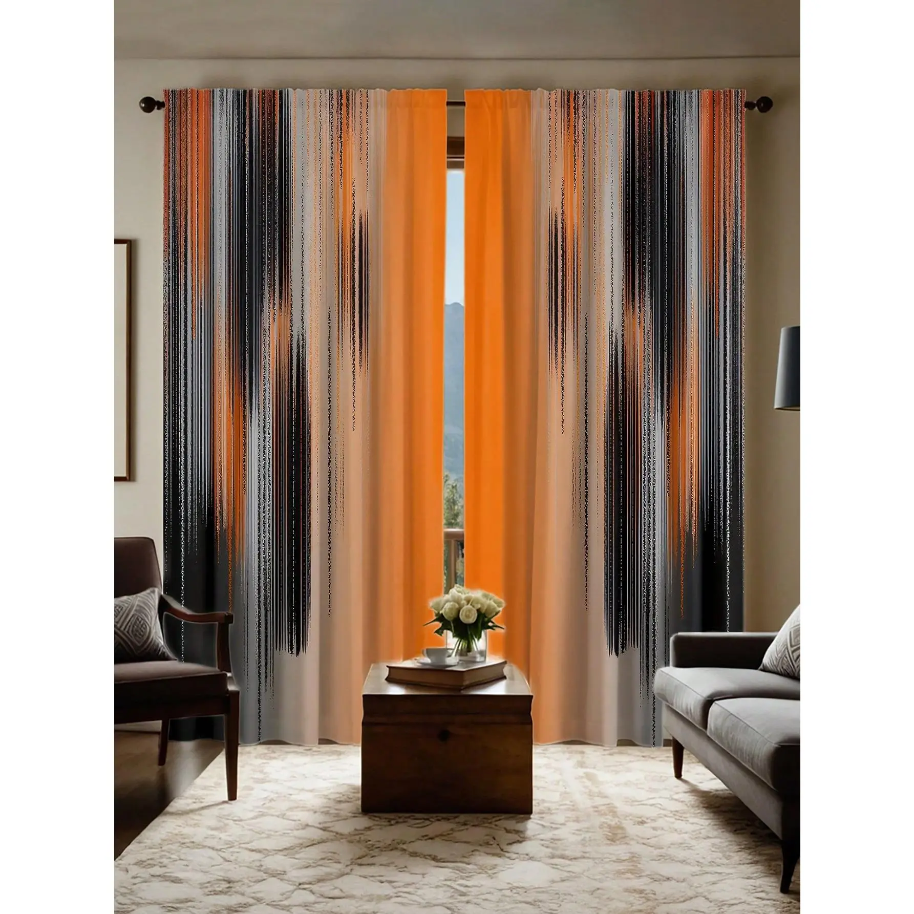 2pcs Modern Orange-Black Ombre Print Single-Sided Fabric Drapes, Distressed Rust Design, Easy Care, Easy Install Rod-Pocket, Living Room Decor, Interior Decoration Accessories, Ideal for Bedroom Use or Gifting