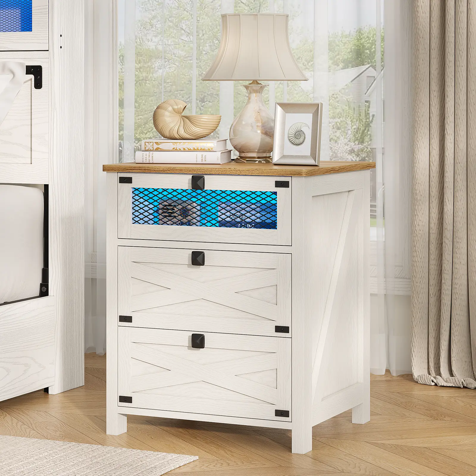 Hasuit Farmhouse Night Stand for Bedroom, Rustic Vintage White Nightstand with Charging Station and LED Lights, Bedside Table with 3 Drawers, Retro Side End Table with Storage