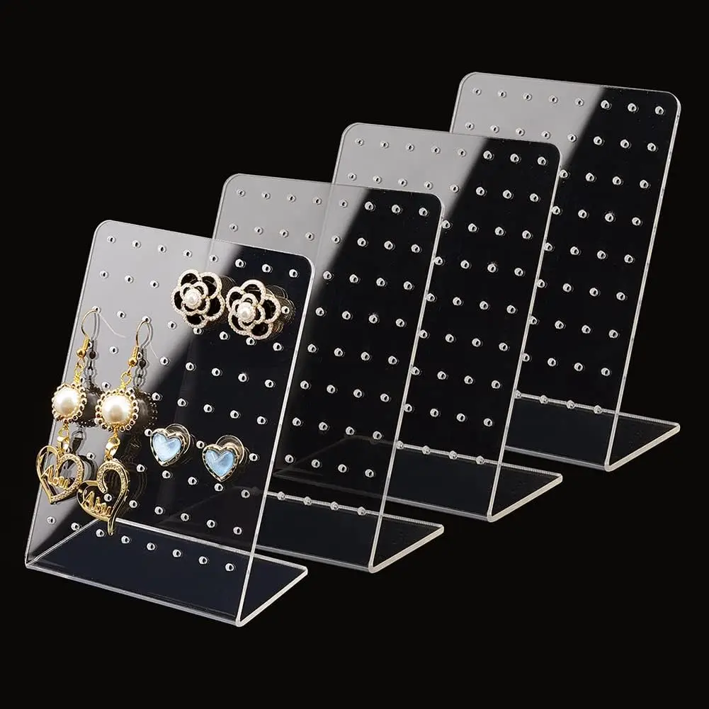 4-Piece Durable Organic Glass Earring Holder Organizer - 72-Hole Transparent Modern Adjustable Slots Earring Box (8x5x11 cm) for 36 Pairs of Ear Stud Display, Home Storage Solution