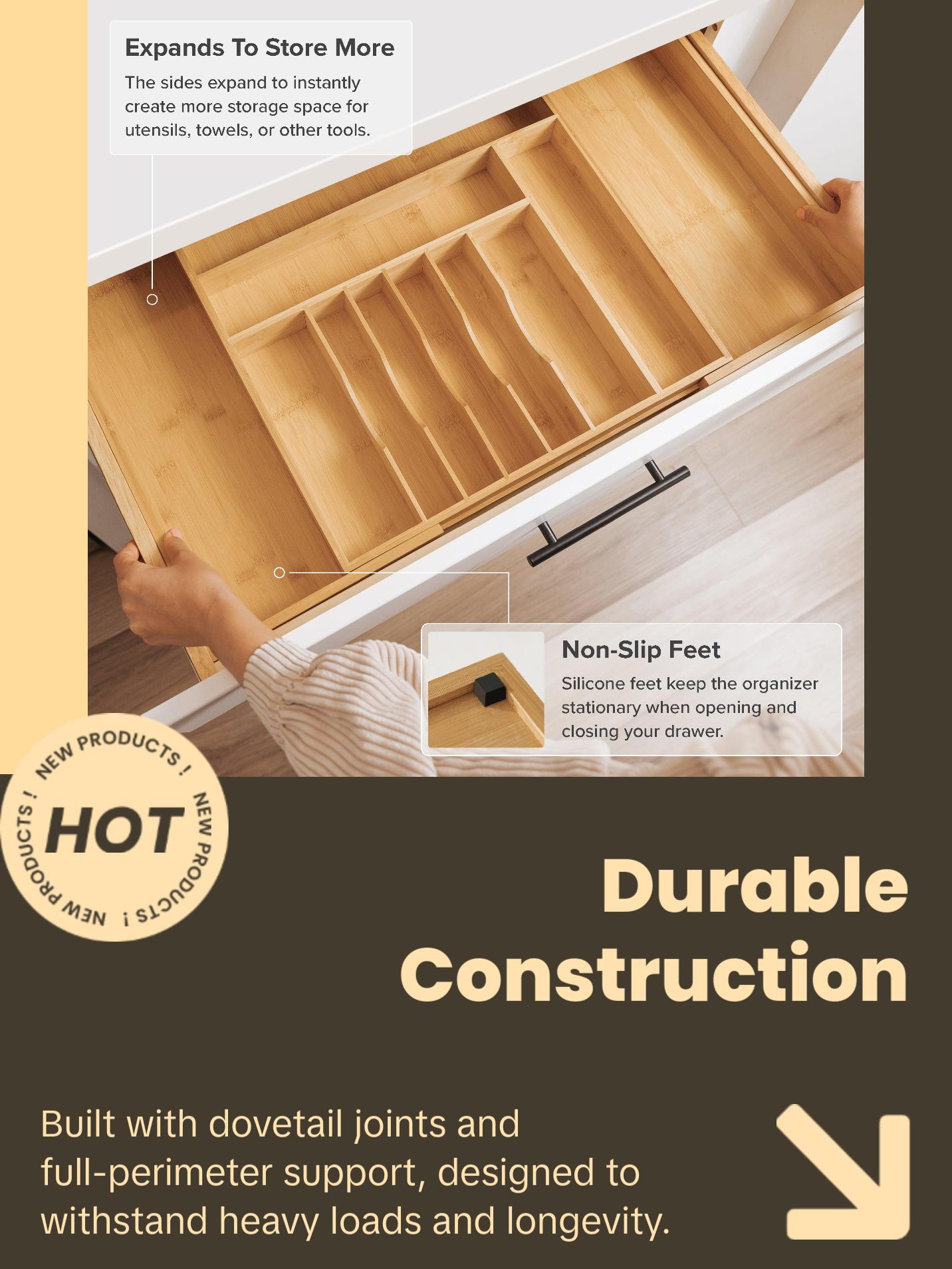 Premium Silverware, Flatware and Utensil Organizer for Kitchen Drawers, Food-Safe Contract Grade, Expandable from 18 to 33 In, Natural Bamboo Boxes Adjustable