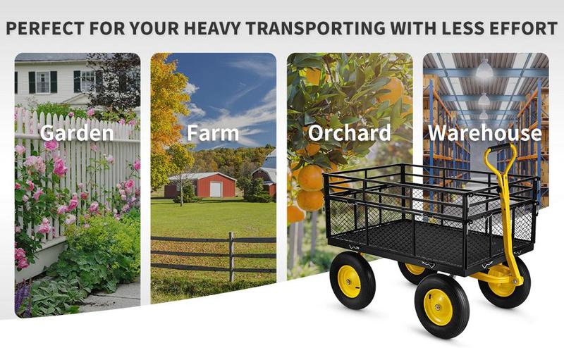 VEVOR Steel Garden Cart, Heavy Duty Max 1400 lbs Capacity, with Removable Mesh Sides to Convert into Flatbed, Utility Metal Wagon with 2-in-1 Handle and 15 in Tires, Perfect for Garden, Farm, Yard