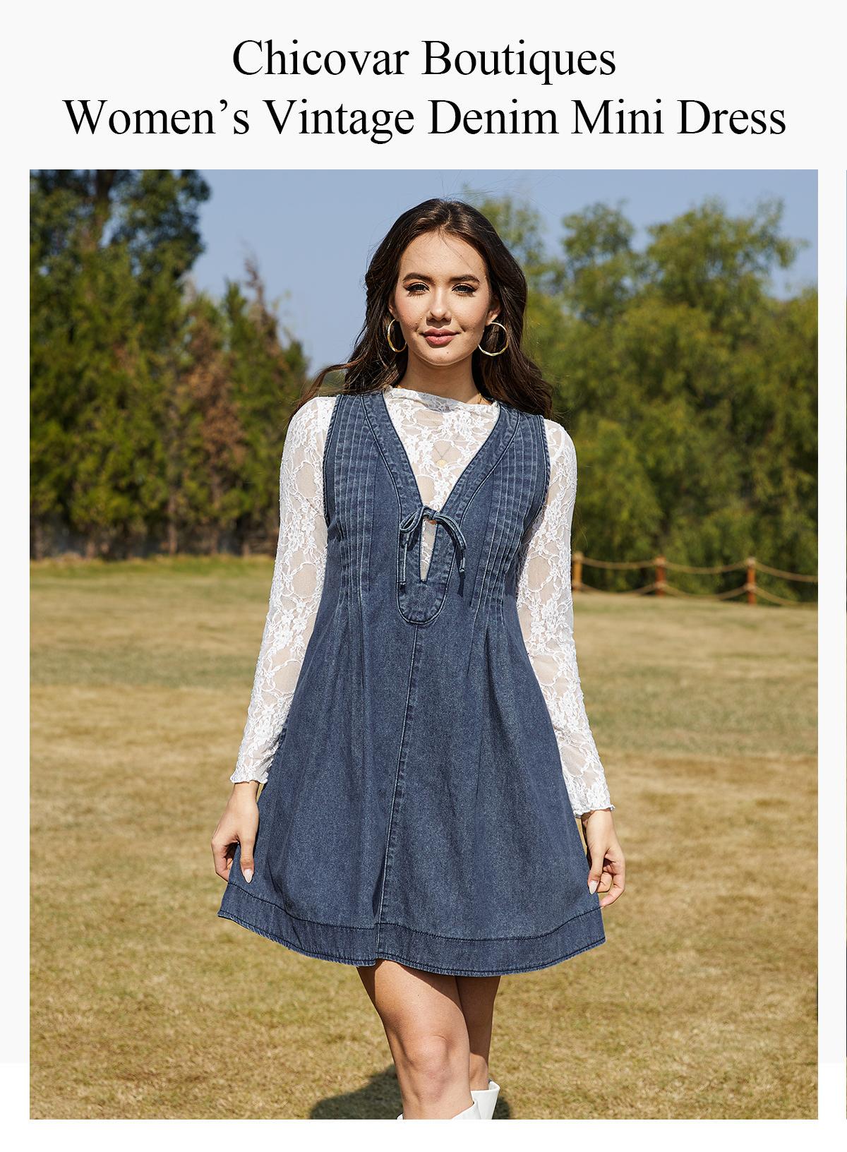 Chicovar Women's Oversized Vintage Denim Mini Dress, Easter dress,Sleeveless V-Neck Tie Front Ruffle Layered A-Line Tunic with Pockets & Front Pleats, Casual Outfit