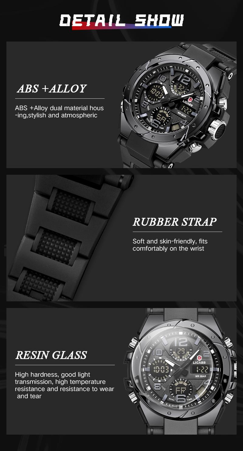 LICARR Men's Quartz Digital Watches Waterproof Alarm Luminous