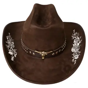 Women Men Embroidery Cowgirl Hat Wide Brim Cattle Head Belted Wool Hat Felt Jazz Cap for Party