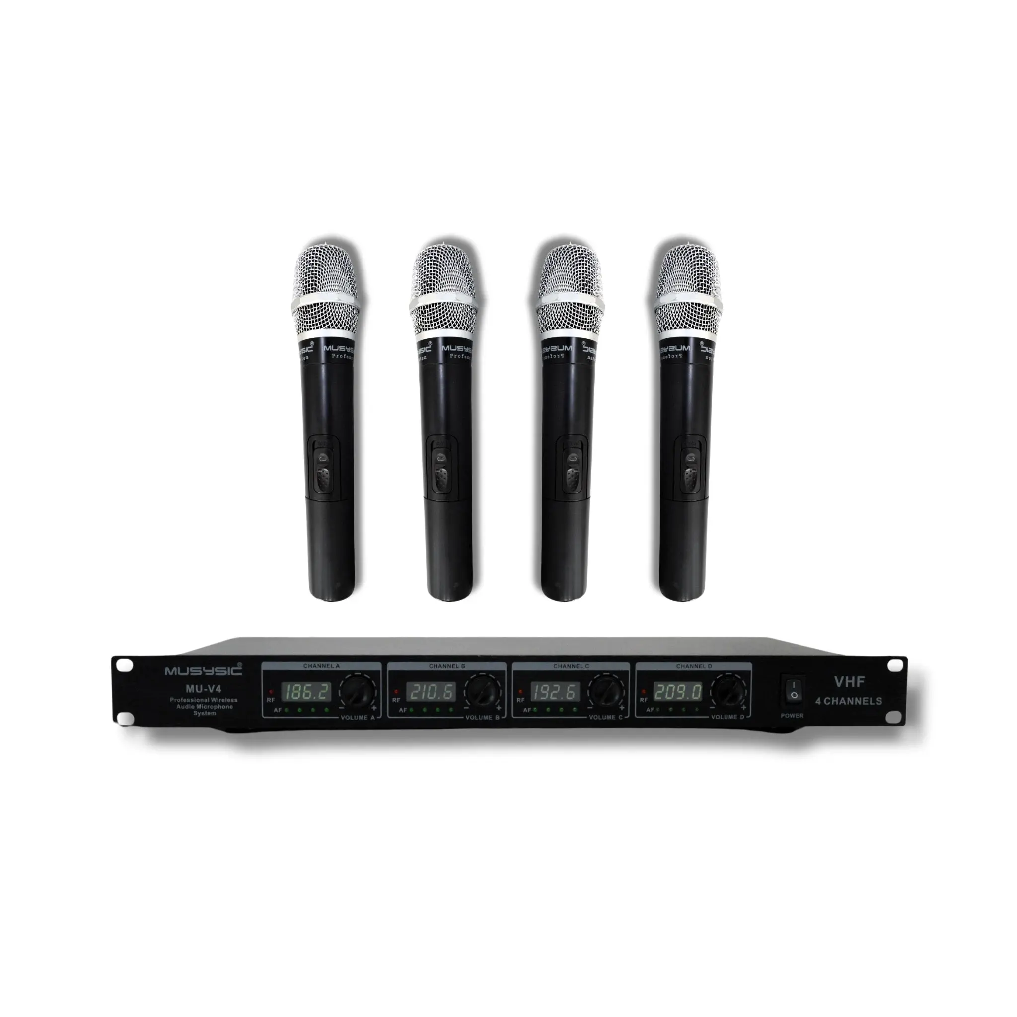 MUSYSIC MU‑V4‑HH Professional 4‑Channel VHF Wireless Handheld Microphone System – Quad Handheld Mics, Long‑Range, Crystal‑Controlled Circuit