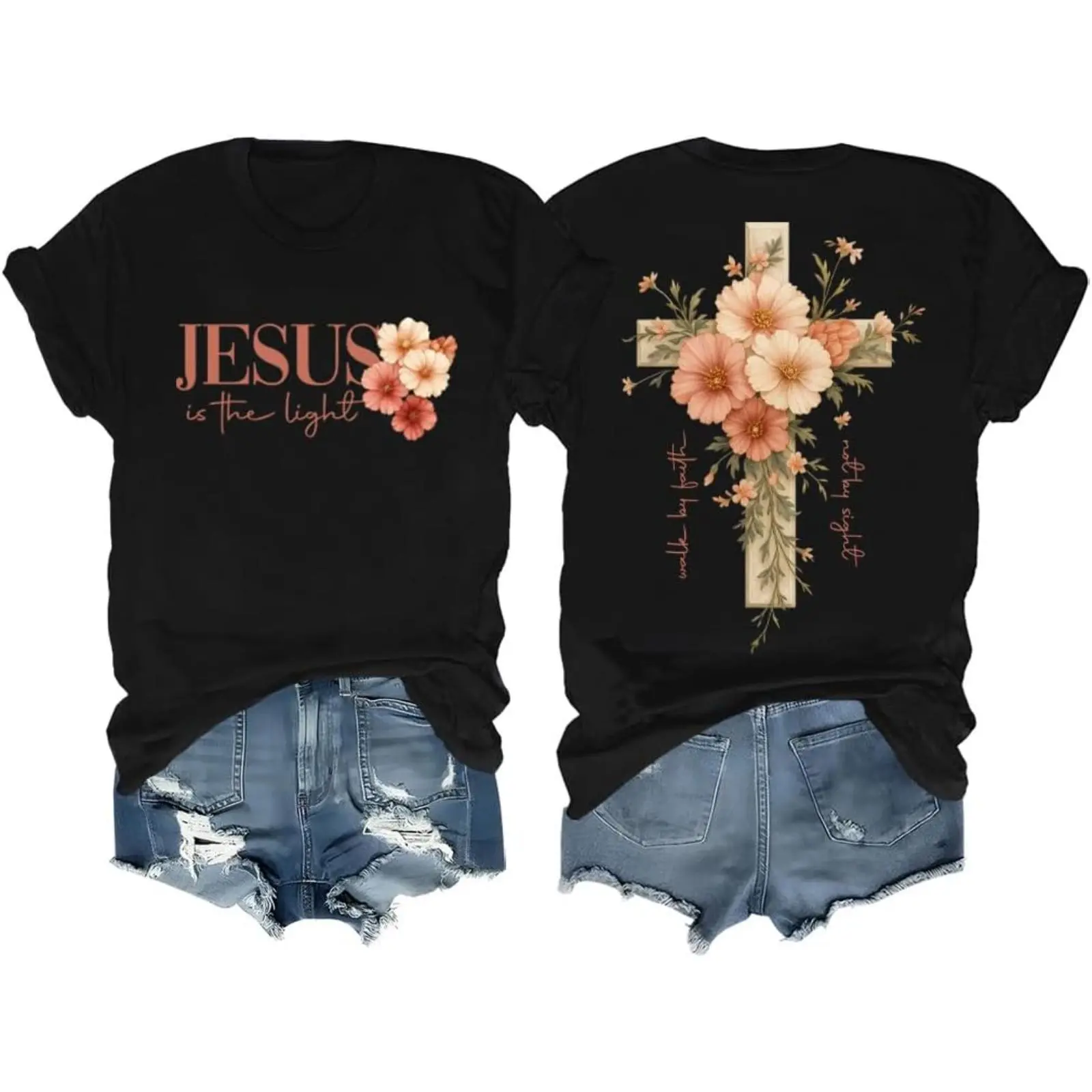 Men's Christian Faith Cross T-Shirt - Fitted Round Neck Graphic Top with Beautiful Floral Cross Print, Western Style, Tshirt, Tops, Graphic Tee, Vivid Print, Pure Cotton, Basics, Year-Round, Outdoors, Sports, Men's T Shirts, Cotton Graphic Tees