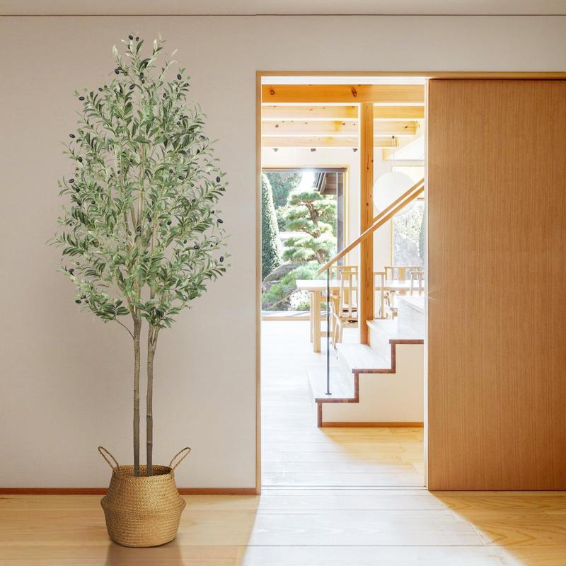 SHareconn Double Rod Design Artificial Olive Tree Faux Potted Plant with Natural Wood Trunk Realistic Olives Ideal for Home Decor Nature Gifts - Wooden