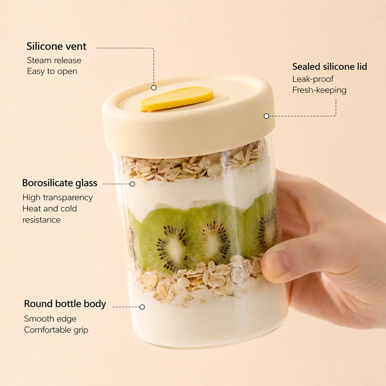 1-Piece Glass Canister for Kitchen, 400ml Airtight Anti-Leak Jars Containers, Maintains Freshness Storage for Overnight Oats & Yogurt Daily Use