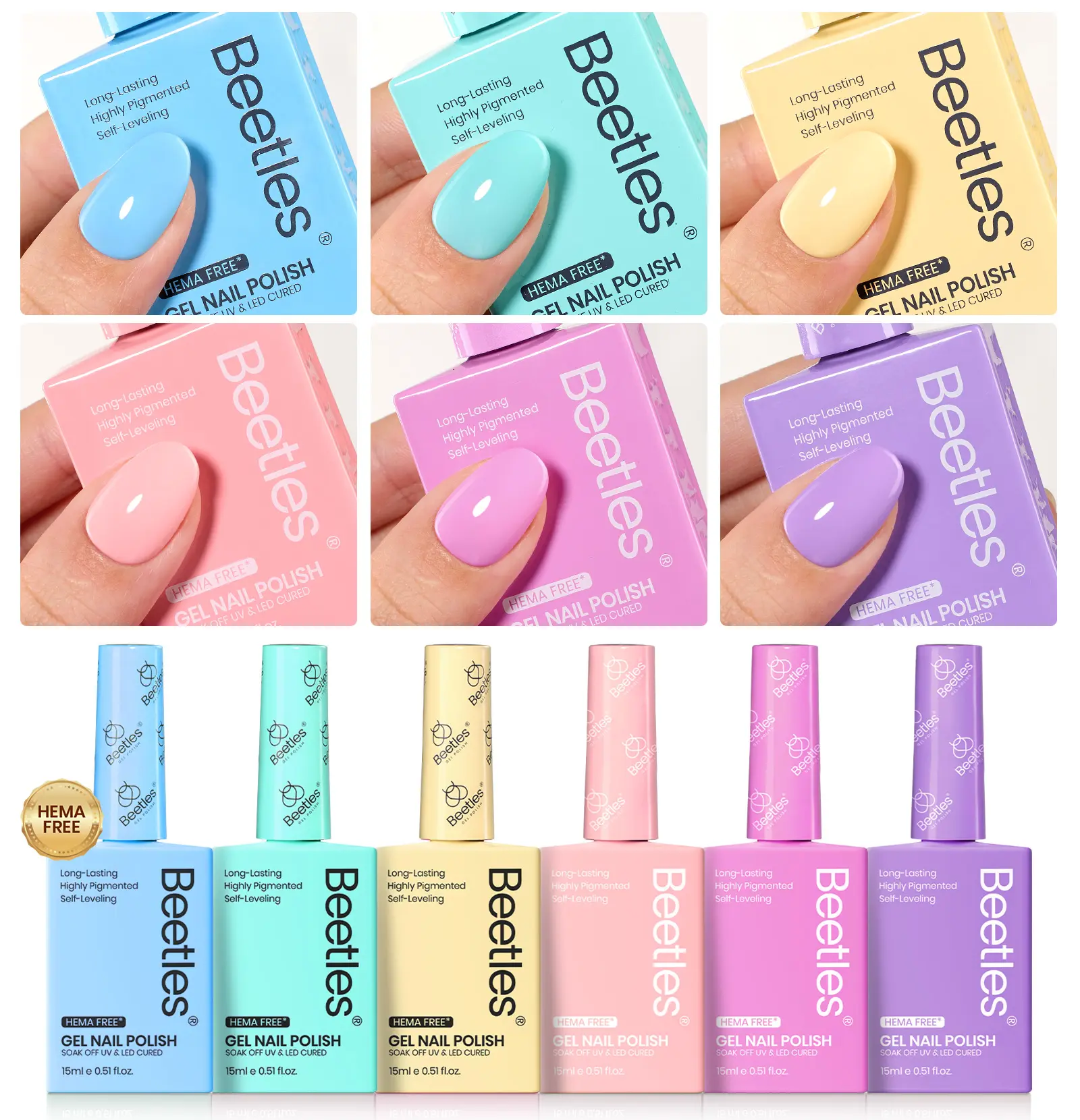 beetles Gel Polish Unicorn Collection, 6 Pastel Colors Hema-Free Gel Polish Kit, Long Lasting Soak Off Formula for DIY Nails, Summer Nail Care Gift Sets for Women, 7.5ml, Multi-Pack, Daily, Manicure, Uv, Nail Polish