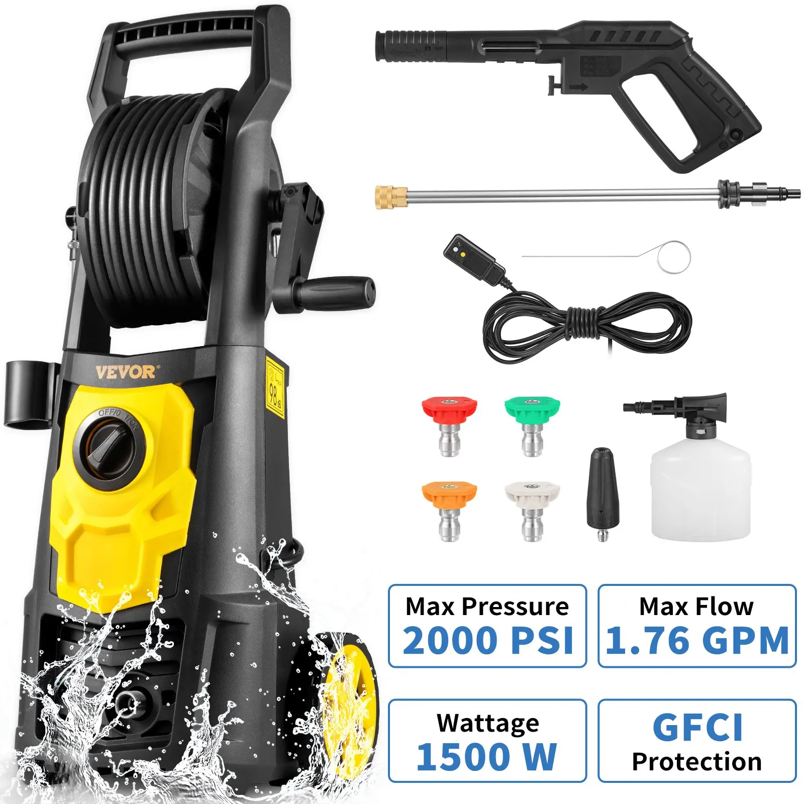 【summerfinds】VEVOR Electric Pressure Washer, Various specifications, Max 2000 PSI 1.76 GPM Power Washer w/ 20 ft Hose, 5 Quick Connect Nozzles, Portable to Clean Patios, Cars, Fences, Driveways, ETL Listed powerwasher, High Pressure Washer
