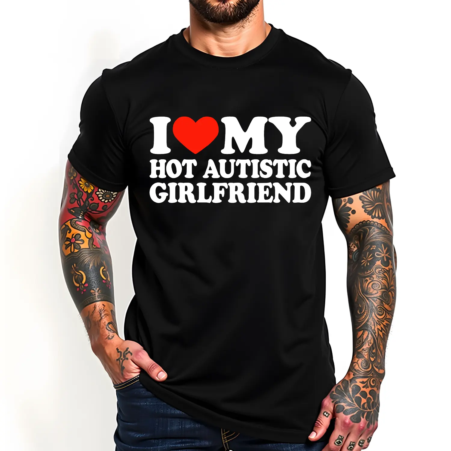 [100% Cotton] I Love My Hot Autistic Girlfriend Cute Couple Gift T-Shirt