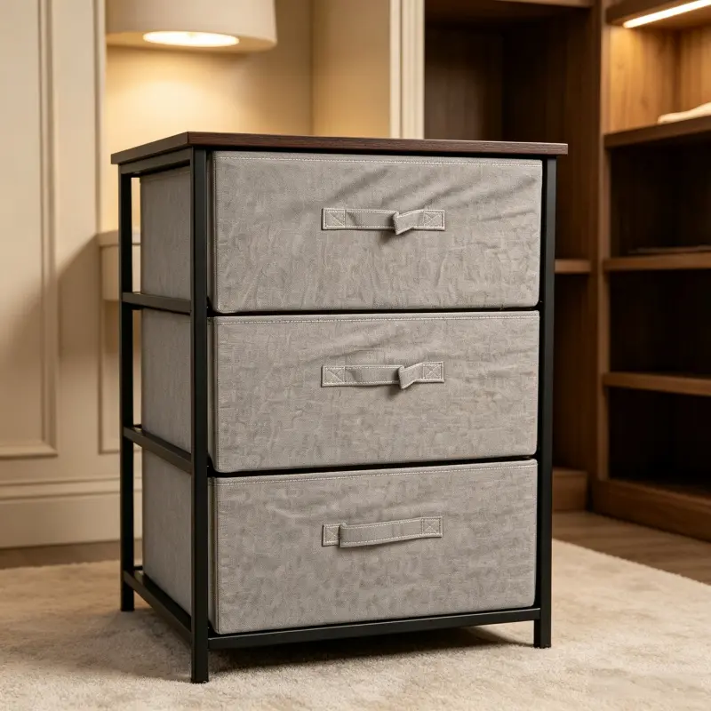 3-Tier Lightweight Storage Cabinet with Metal Frame, Wooden Top & Gray Fabric Drawers - Multifunctional Nightstand for Bedroom, Living Room