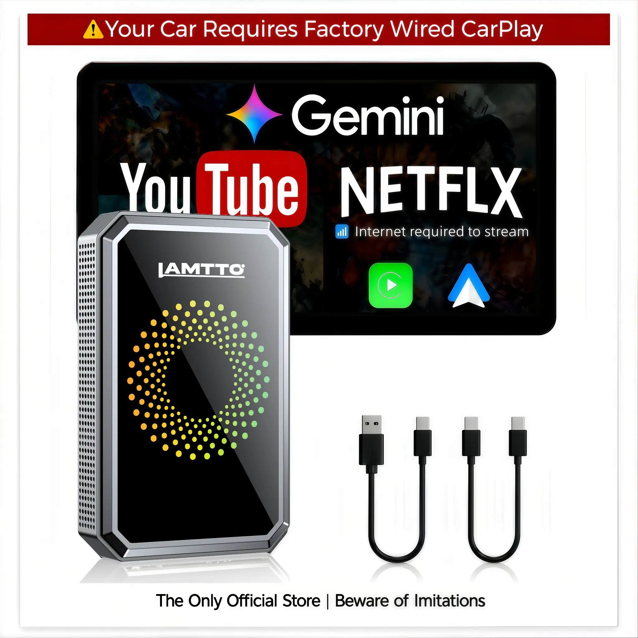 【️️CHECK COMPATIBILITY】LAMTTO 2026 Wired CarPlay to Wireless Adapter -Stream Netflix/YouTube/TikTok & Gemini AI on the Touchscreen : Hotspot Required, ONLY for Wired CarPlay/Android Auto Vehicles -NOT Wireless CarPlay | Car Accessories & Car Video Players