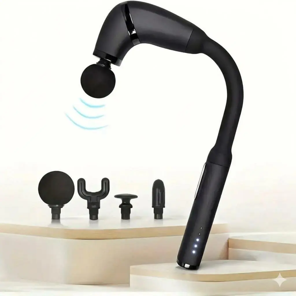 Ergonomic Deep Tissue Massage Gun - Portable Percussion Back & Vibratory Massager with Extended Handle, 5 Speeds, 4 Heads, Low Back Pain Relief Wellness Tool for Youth, Extended Handle Massage Devices, Back Pain Relief Massage Devices