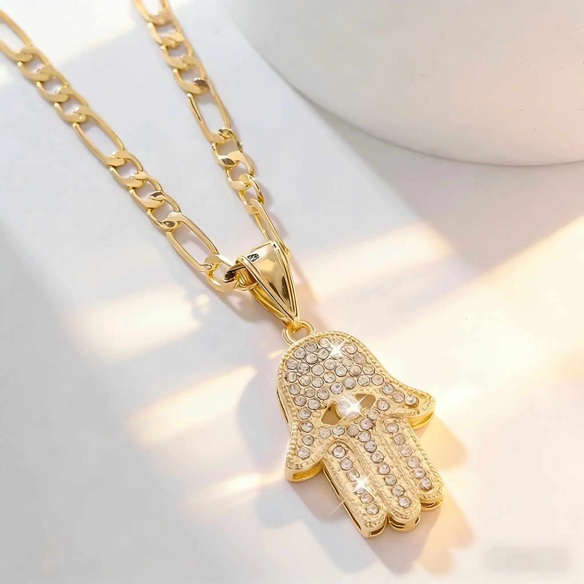 14K Gold Filled Hamsa Hand Necklace with Demon Eye Copper Zirconia Pendant Figaro Chain Hypoallergenic Lucky Protection Amulet for Women Elegant Jewelry for Peace Good Fortune