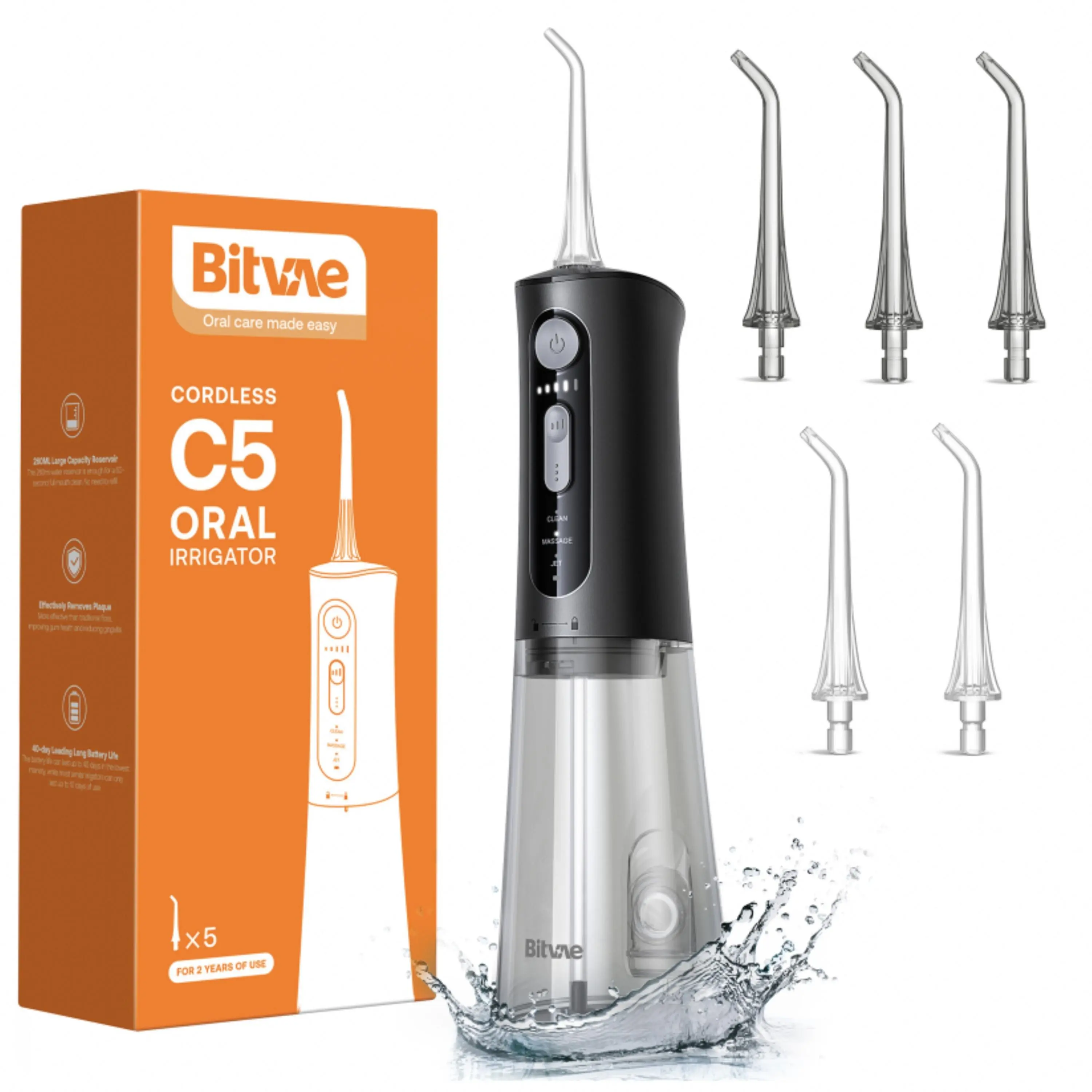 Bitvae C1/C5/C6 Cordless Portable Oral Irrigator Teeth Cleaning Machine - Rechargeable, Powerful, IPX7 Waterproof, Adjustable Nozzle, Cleansing Self Care Product for Whitening Tablets, Dental Kit, Self Care Products