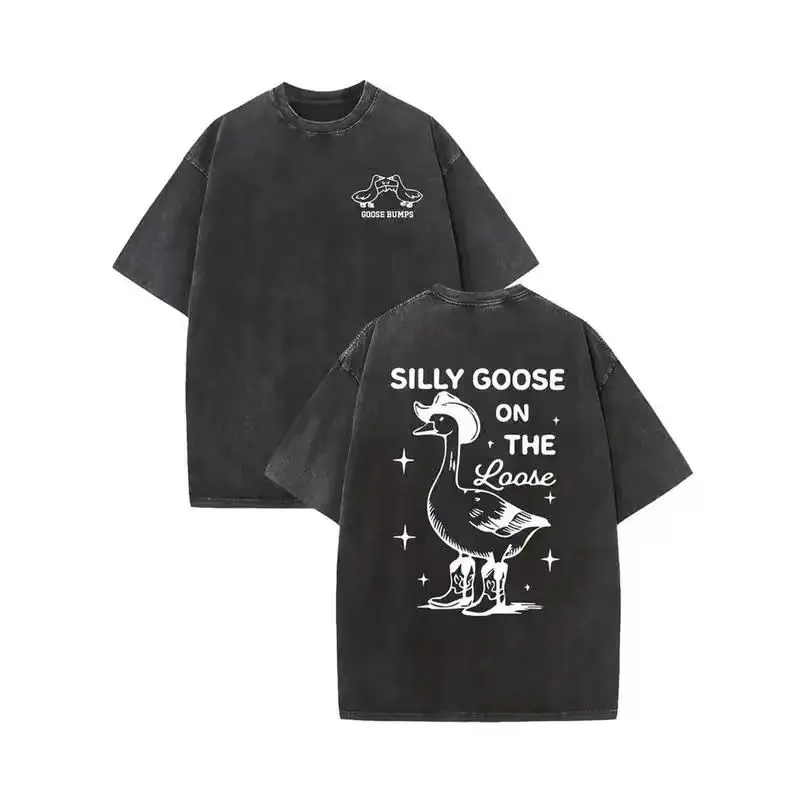 Retro Washed Cotton Silly Goose Graphic Pink T-Shirt - Casual Couple Style, "Silly Goose on the Loose" Print, Summer Fashion Tee for Men and Women