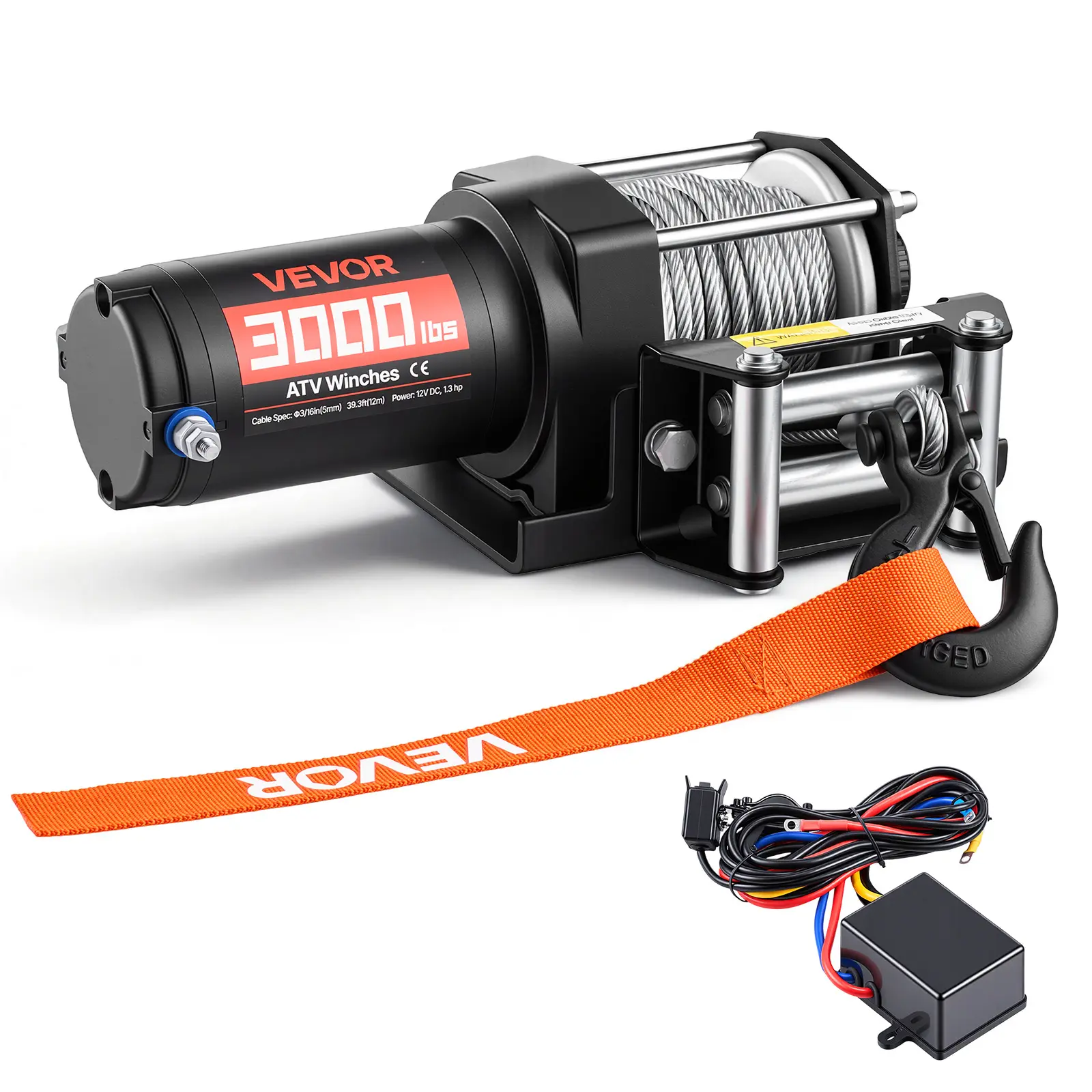 【summerfinds】VEVOR 3000 lbs Electric Winch, 12V DC ATV/UTV Winch with Φ3/16 in x 39.4 ft Steel Wire Rope & Wired Remote Control, IP55 Waterproof, Aluminum Housing Fairlead Mount Plate for Towing ATV, Black