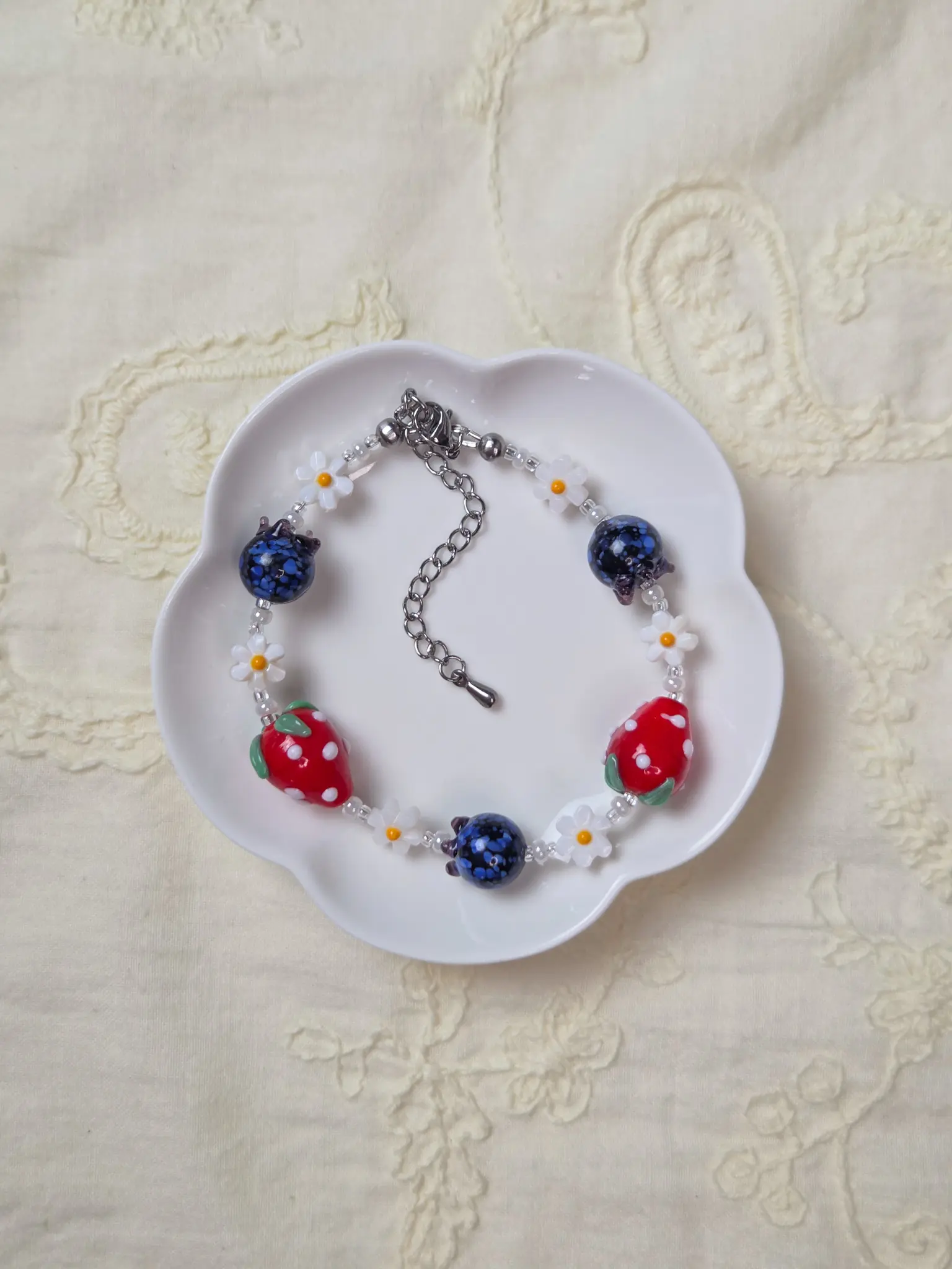 Strawberry & Blueberry Bracelet • Berry Patch Jewelry • Glass Lampwork Fruit Beaded Wristlet
