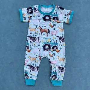 Farm animal cow horse chicken baby boy summer romper