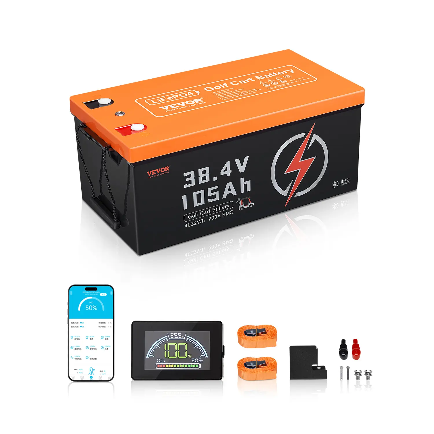 VEVOR 36V 105Ah LiFePO4 Golf Cart Lithium Battery, 200A BMS, 600A Peak Current, LCD Monitor, Mobile APP, ABS Shell, 4000+ Cycles, for Golf Carts