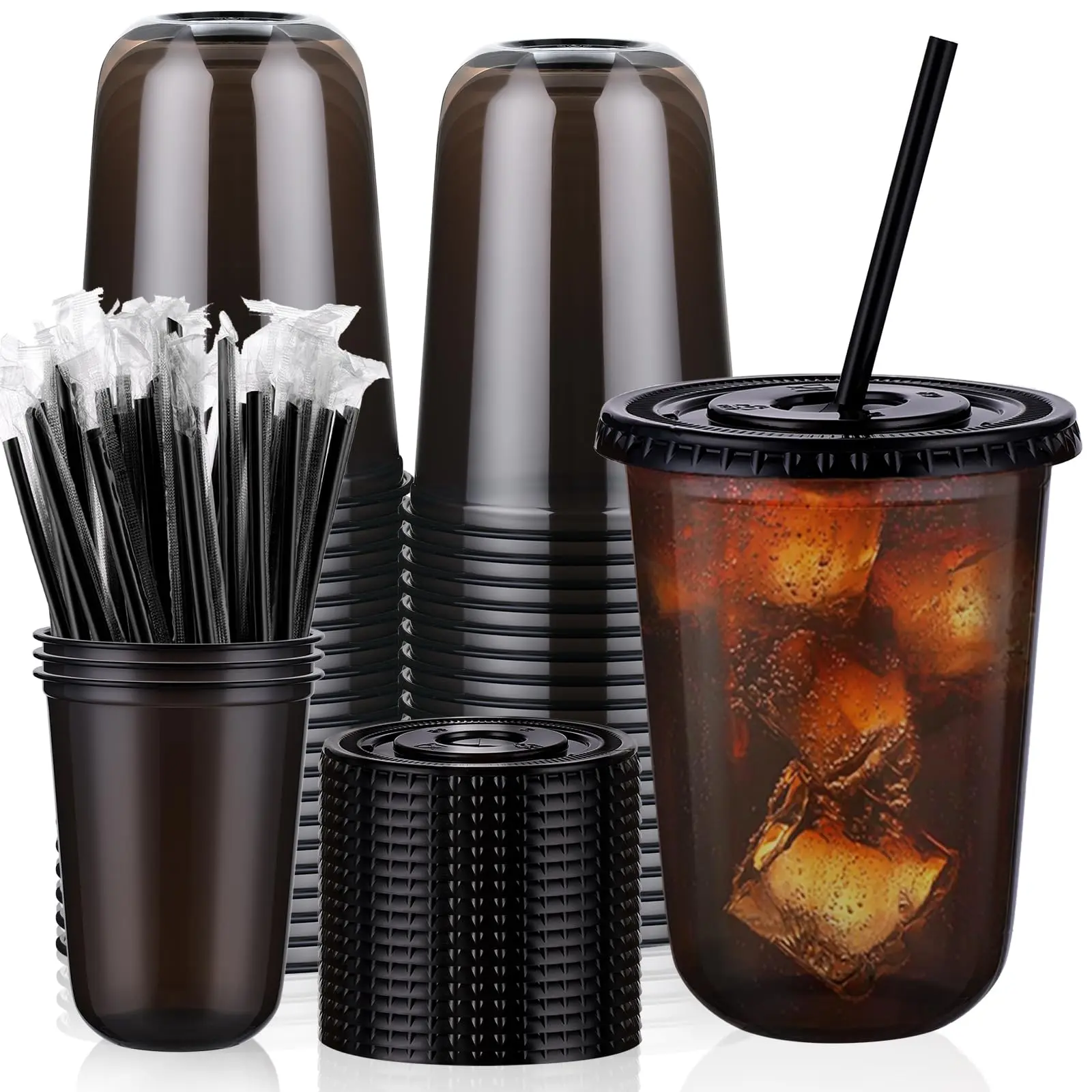 50-Set 16oz Black Bulk Plastic Cups with Lids & 50-Set 16oz Black Straw, Round Bottom Disposable To-Go Cups for Iced Coffee, Cold Drinks, Bar & Home Party Supplies, Lightweight