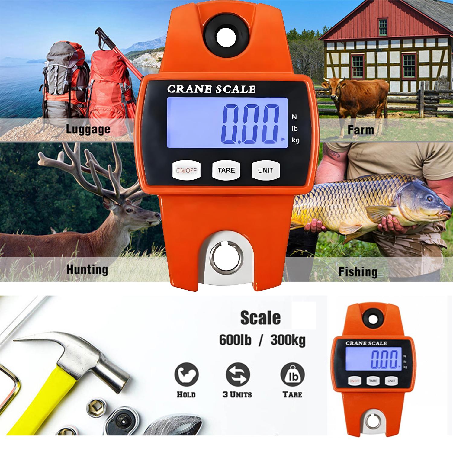 660LB/300KG Heavy Duty Digital Crane Scale - Industrial Compact LCD Metal Hanging Scale with Aluminum Body & Stainless Steel Hook for Garage, Farm, Hunting, Fishing & More (Orange) detail 1