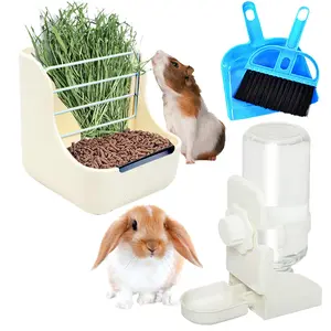 4 Pcs Rabbit Feeder and Water Bottle Set,Including Durable Hay Food Bin Feeder,Food Bowl,Gravity-Fed Water Dispenser for Rabbit,Guinea Pig,Chinchilla,with Broom and Dustpan,Hand Tools Kits