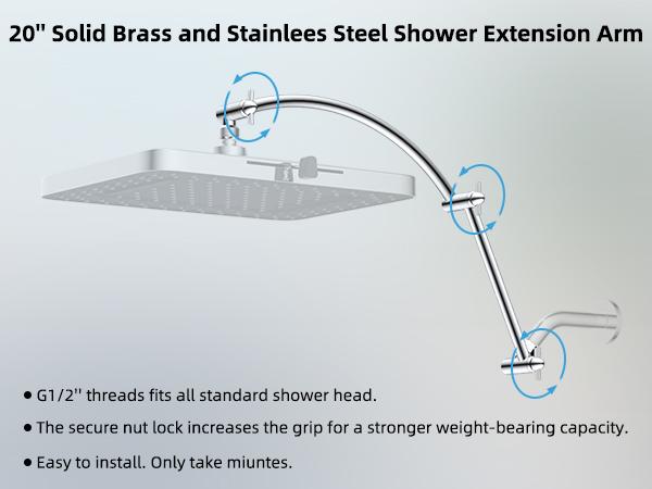 Hibbent All Metal 20'' Shower Head Extension Arm, Solid Brass Flexible Height & Angle Adjustable Shower Arm Extender with Lock Joint, Universal Connection Stainless Steel Pipe Height Extending, Chrome