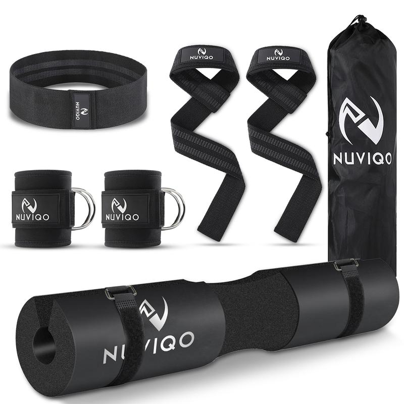 9 Pcs Gym Accessories Set Featuring Barbell Pad with 2 Safety Straps - 2 Ankle Straps for Cable Machine - 2 Weight Lifting Straps - Hip Resistance Band - Carry Bag for Hip Thrust Pad 9 Pcs Gym Accessories Set Featuring Barbell Pad with 2 Safety Straps - 2 Ankle Straps for Cable Machine - 2 Weight Lifting Straps - Hip Resistance Band - Carry Bag for Hip Thrust Pad