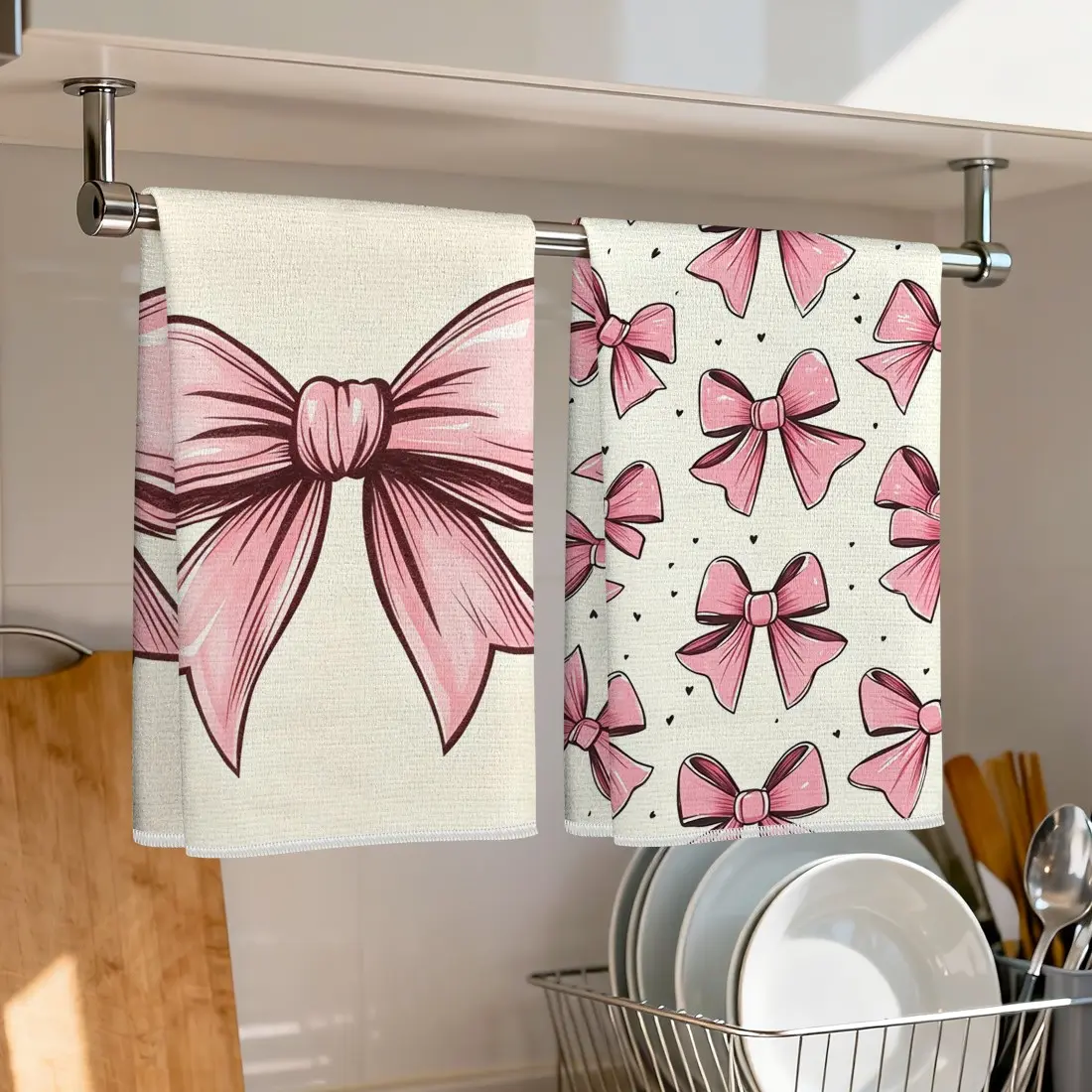 2pcs Pink Bow Pattern Microfiber Kitchen Towels Set, 40x60cm, Single Sided Print, Dishwashing, Dishcloths For Washing Dishes, Hand Drying, Party Decor, Gift Idea