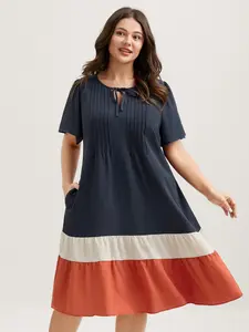 【Summer Turn-Up】Bloomchic Color Contrast Plicated Detail Midi Dress 2026 Summer Pick for Mother's Day