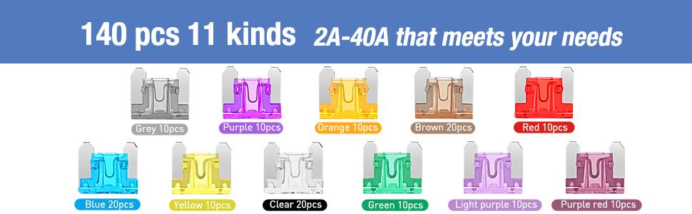 Nilight 140pcs Low Profile Mini Blade Fuse Assortment, 2A 3A 5A 7.5A 10A 15A 20A 25A 30A 35A 40A Mini Blade Fuses for Car Boat Truck SUV Automotive Durable Reliable Connectors Universal Connector