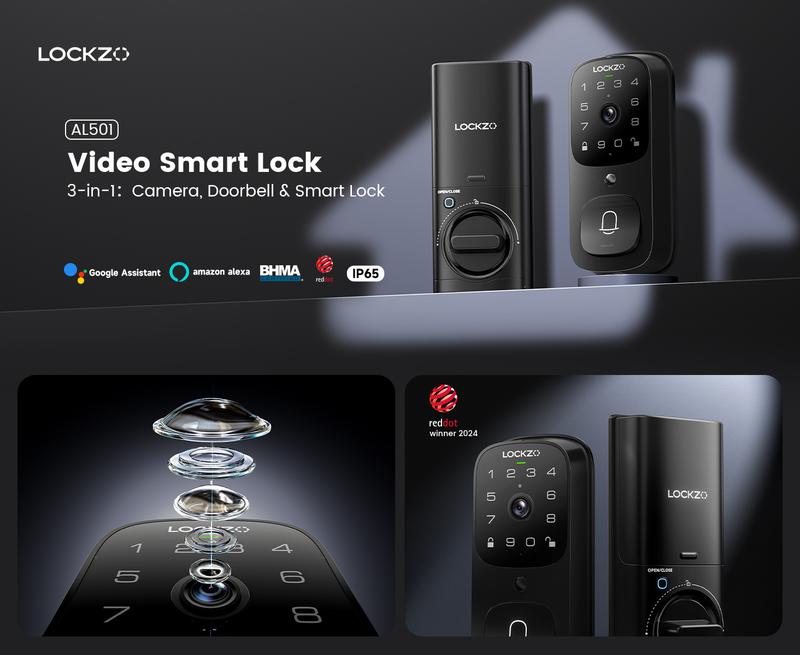 Smart Lock with Camera, 3-in-1 WiFi Doorbell Keyless Entry Door Lock, Deadbolt Lock for Front Door, Fingerprint, Keypad Code, App Control, IP65 Waterproof, BHMA, Support Alexa&Google Assistant