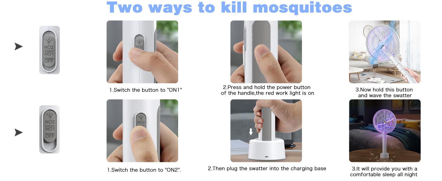 Portable Electric Fly Swatter, 2 IN 1 Bug Zapper, 3400V High Voltage Fly Trap，1200mAh Battery USB-C Rechargeable,3-Layer Safety, Indoor & Outdoor Use