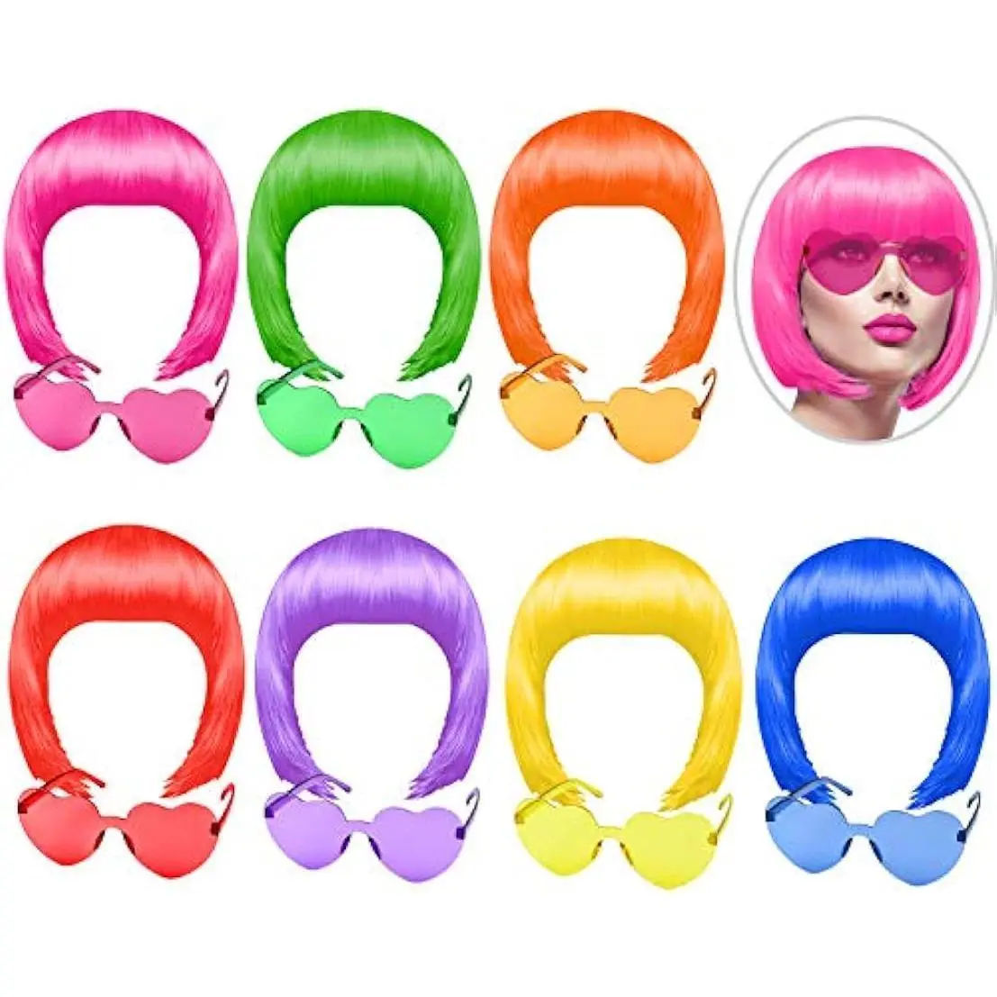 MIAHART 14PCS Comfortable Neon Party Wig & Sunglasses Set - 7 Colorful Bob Wigs with Breathable Mesh Caps, 7 Sunglasses, Polyethylene for Durability, Ideal for Parties, Cosplay