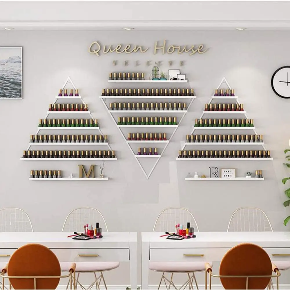 CNCEST Wall-Mounted Metal Multi Rack Set (6-Piece), White Triangle-Bar Open Shelf Storage Shelves, 90-Bottle Bottles Organizer Racks & Displays, 5-10 Kg Capacity for Nail Salon & Home