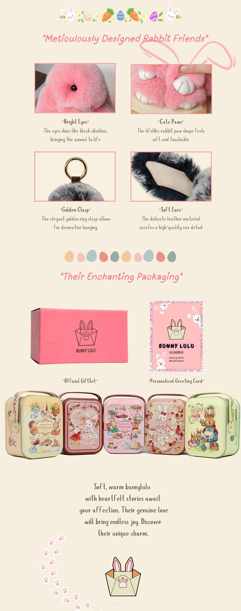 【BunnyLulu】Handmade Bunny PomPom Keychain with Tin Box, Cute Easter Basket Gift for Girls & Kids, Charm Accessory for Anxiety Relief