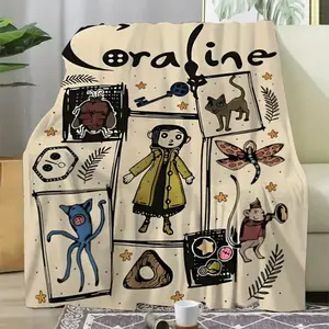 All-Season Polyester Knit Coraline Inspired Flannel Throw Blanket-Digital Print Cartoon Animal Collage, Contemporary Style, Multipurpose for Bed Couch Nap, Cozy Plush, Creative Gift Idea