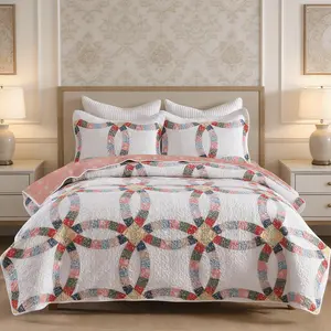 3 Pcs Double-Ring Patchwork Quilt Bedspread Set Cotton Revesible Floral Bedding Set for All Seasons
