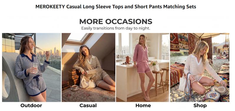 MEROKEETY Lounge Sweater Sets for Women 2 Piece Outfits Casual Long Sleeve Striped Tops Shorts Matching Set