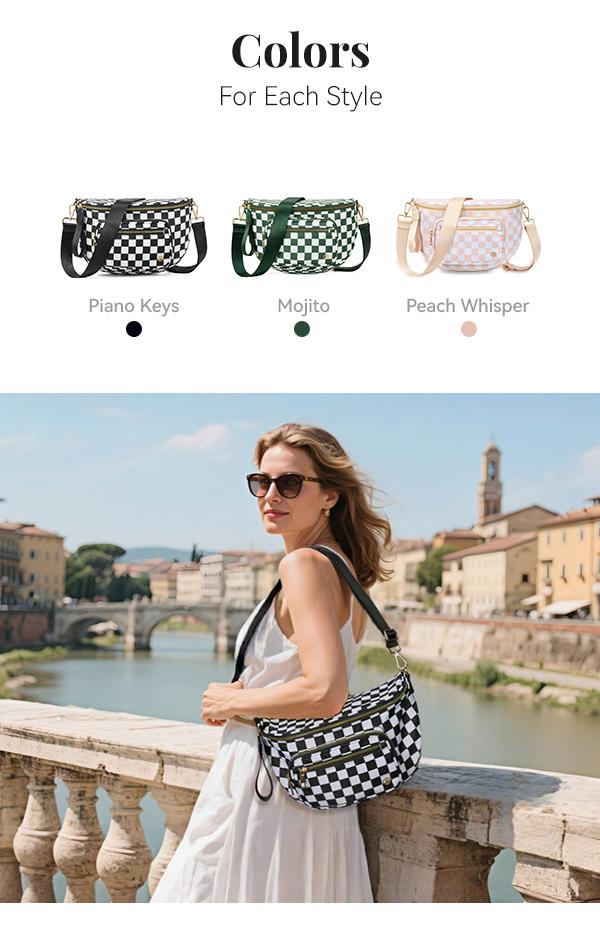 BOSTANTEN Checkered Bum Bag Crossbody Belt Bag for Women Cross Body Purse Fanny Waist Pack with Adjustable Strap