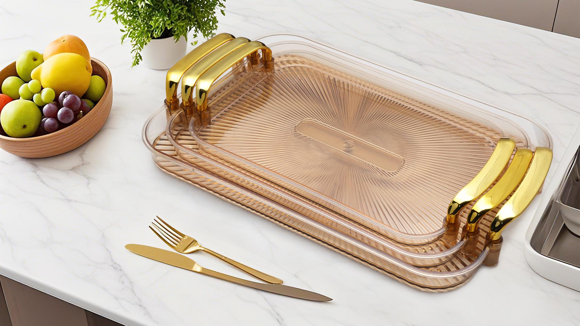 3 Pack Serving Tray with Handles Stackable Reusable Trays for Serving Food Plastic Serving Platters for birthday Party Charcuterie Fruit Appetizer BBQ Pool snacktray Mother's day gift